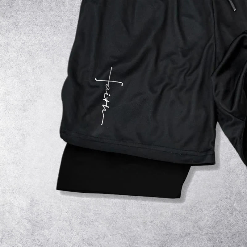 Christianartworkshop Cursive Faith Cross Integrated Script Dual Layer Drawstring Athletic Shorts - image 11