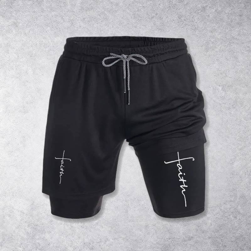 Christianartworkshop Cursive Faith Cross Integrated Script Dual Layer Drawstring Athletic Shorts - image 10