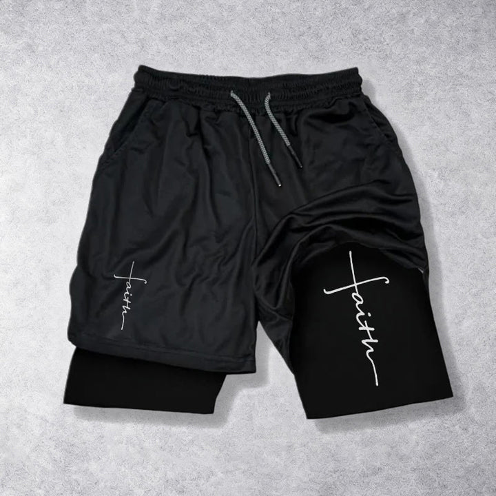 Christianartworkshop Cursive Faith Cross Integrated Script Dual Layer Drawstring Athletic Shorts - Black - 3XL - image 9