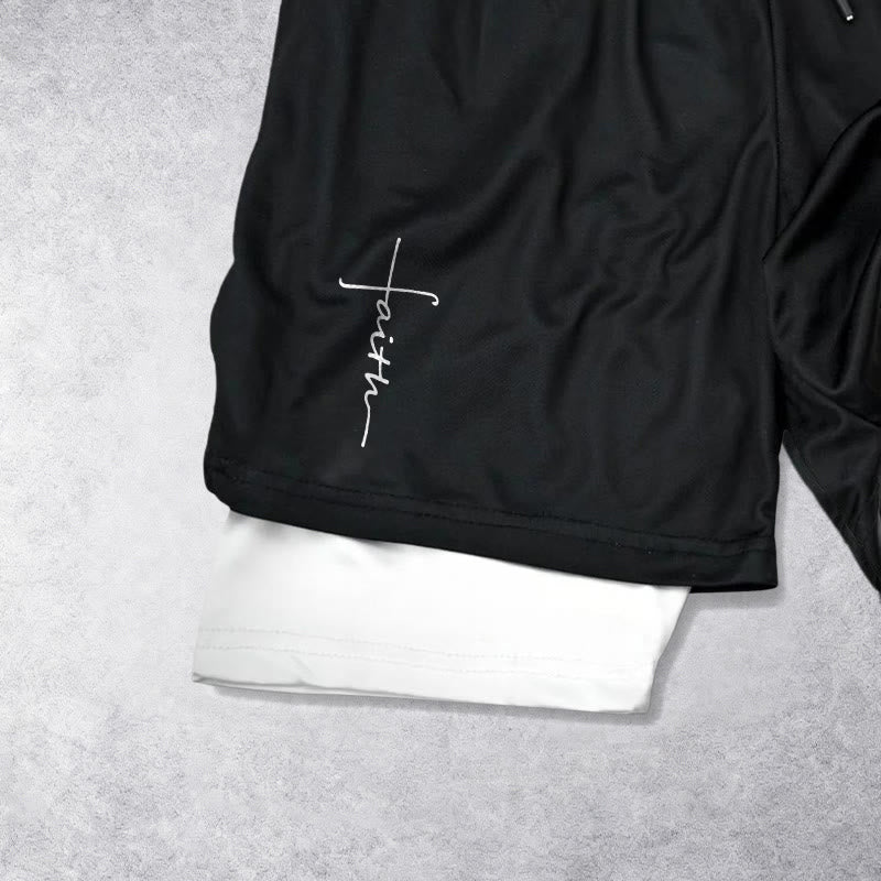 Christianartworkshop Cursive Faith Cross Integrated Script Dual Layer Drawstring Athletic Shorts - image 2