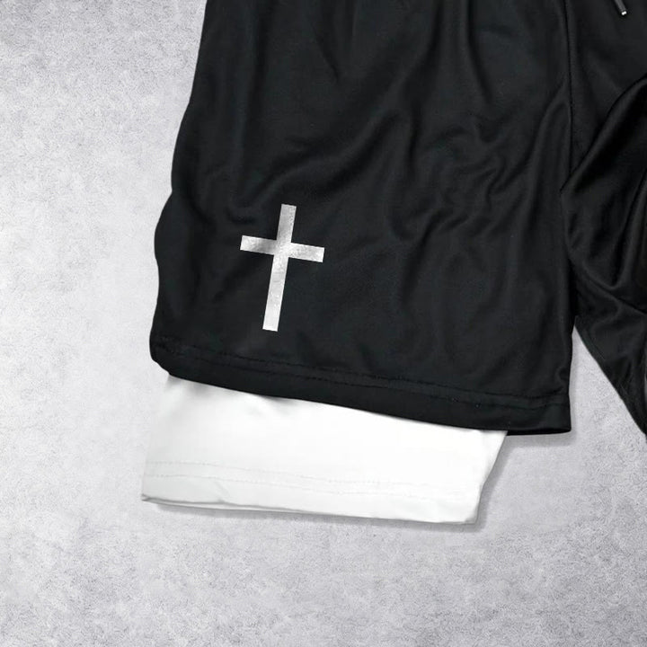 Christianartworkshop Two-Tier Layered Athletic Shorts Dual Different Cross Symbol Devotional Shorts - image 2