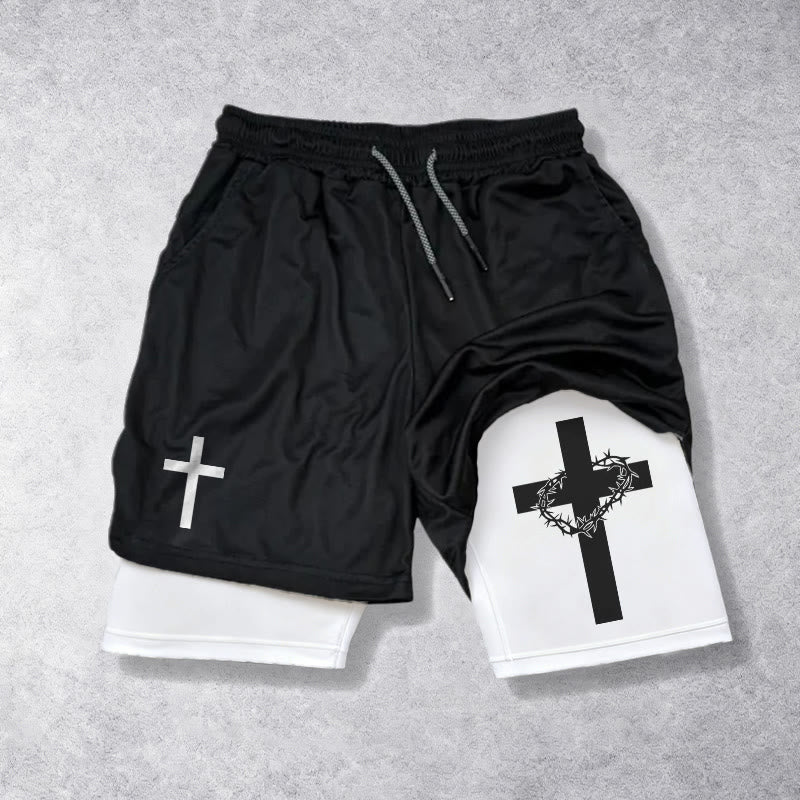 Christianartworkshop Two-Tier Layered Athletic Shorts Dual Different Cross Symbol Devotional Shorts - White - 3XL - image 0