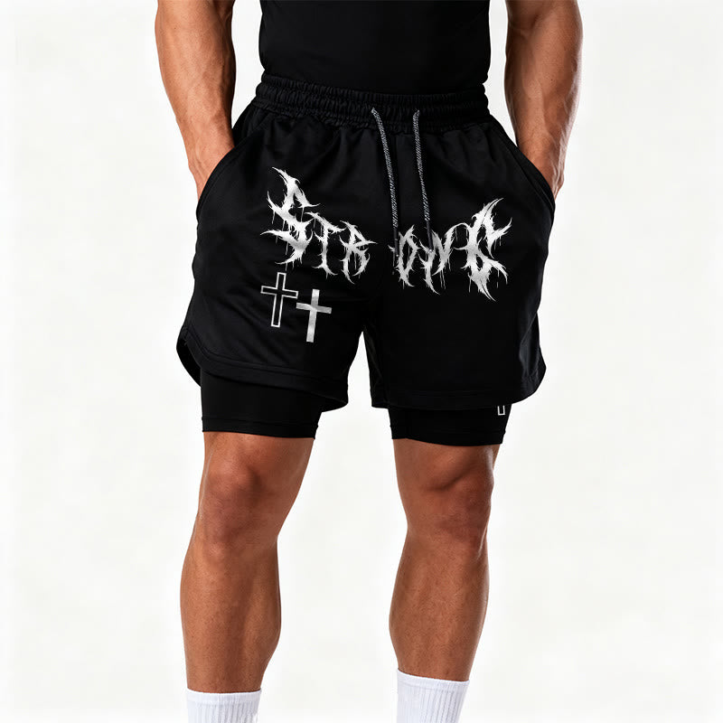 Christianartworkshop Strong Sharp Gothic Font Double Cross Matching Dual Print Drawstring Faith Shorts - image 15