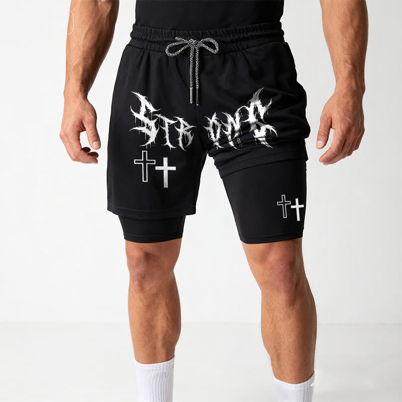 Christianartworkshop Strong Sharp Gothic Font Double Cross Matching Dual Print Drawstring Faith Shorts - image 17