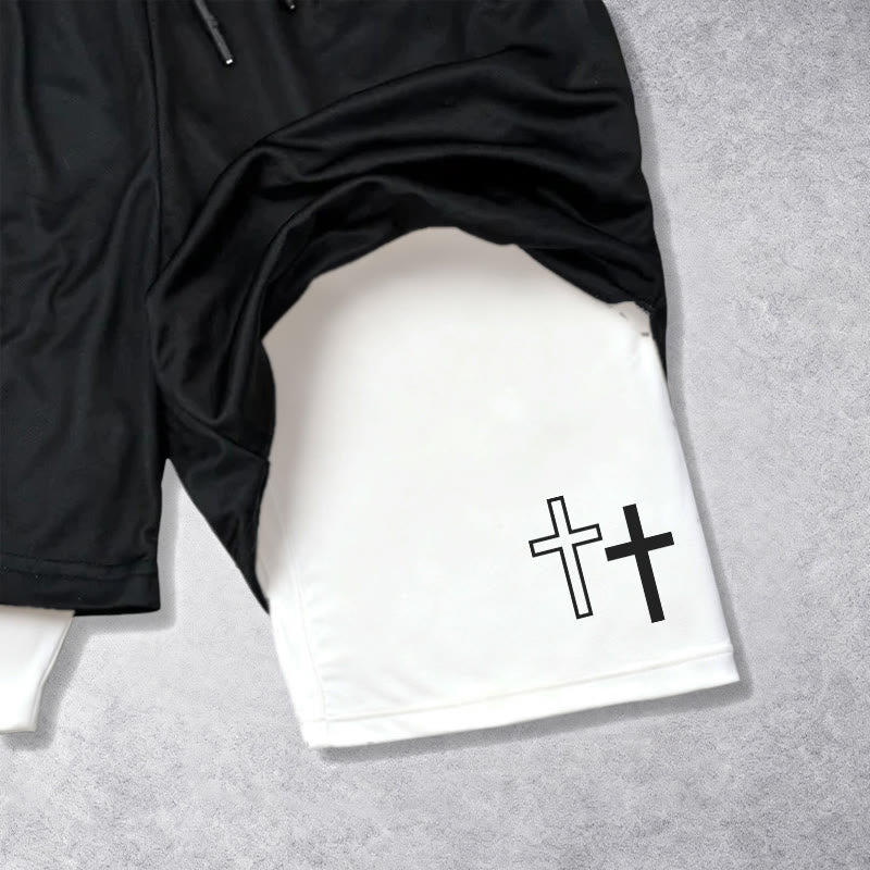 Christianartworkshop Strong Sharp Gothic Font Double Cross Matching Dual Print Drawstring Faith Shorts - image 3