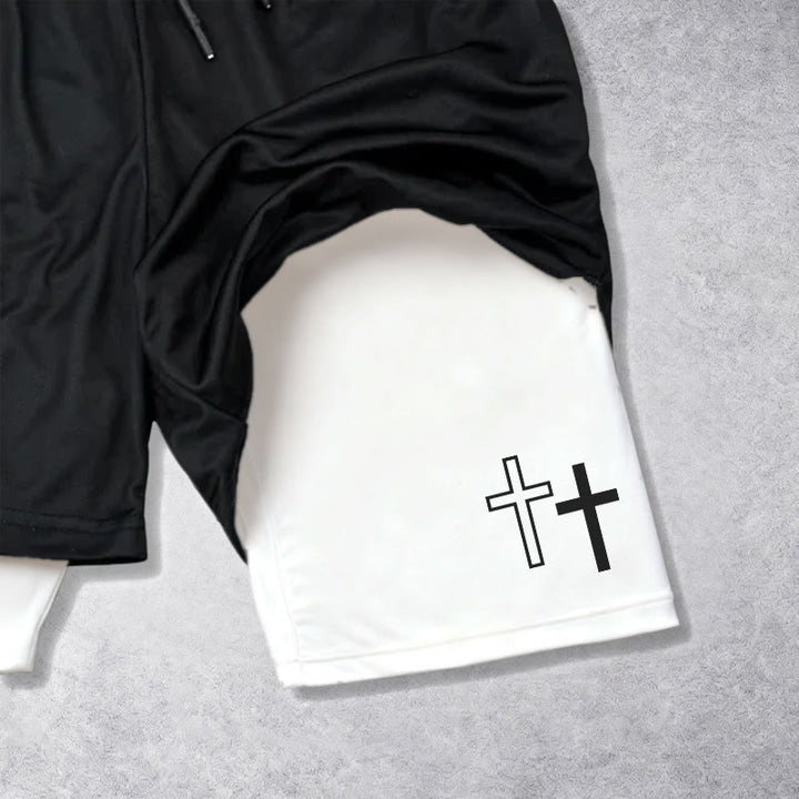 Christianartworkshop Strong Sharp Gothic Font Double Cross Matching Dual Print Drawstring Faith Shorts - image 3