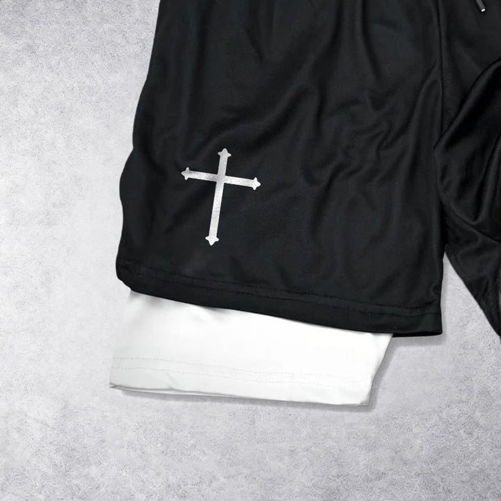Christianartworkshop Simple Nail Cross Philippians 3:14 Cursive Verse Drawstring Faith Shorts - image 2