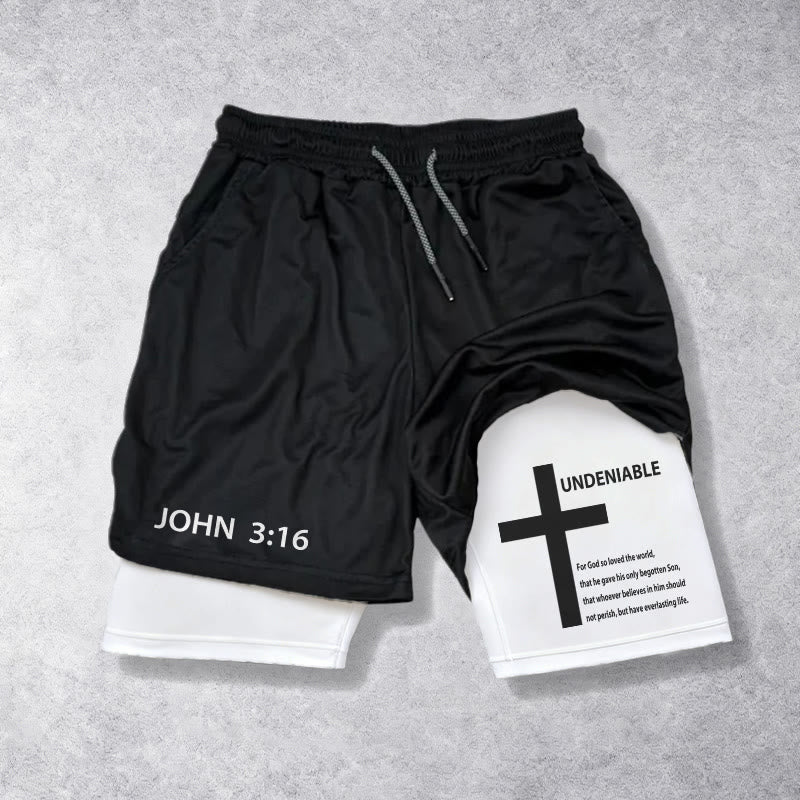Christianartworkshop John 3:16 Outer Undeniable Cross Full Verse Inner Two Layer Drawstring Faith Shorts - White - 3XL - image 0