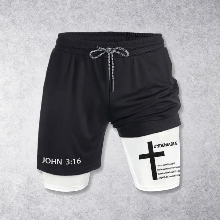 Christianartworkshop John 3:16 Outer Undeniable Cross Full Verse Inner Two Layer Drawstring Faith Shorts - image 1