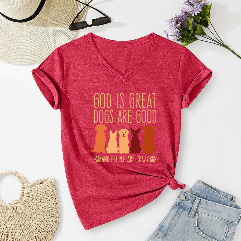 Christianartworkshop God Is Great Dogs Are Good Multicolor Dog Silhouette Paw Print Graphic Casual V-neck T-shirt - Red - 2XL - image 6