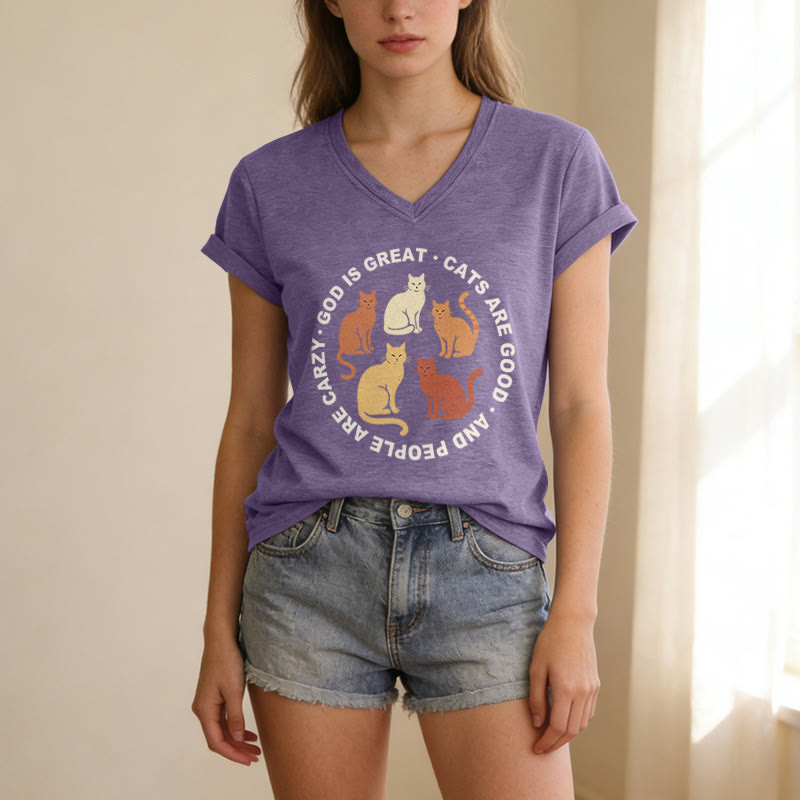 Christianartworkshop Funny Christian Cat Lover Circular Slogan Multi Shade Kitten Group Print Casual V-neck T-shirt - image 1