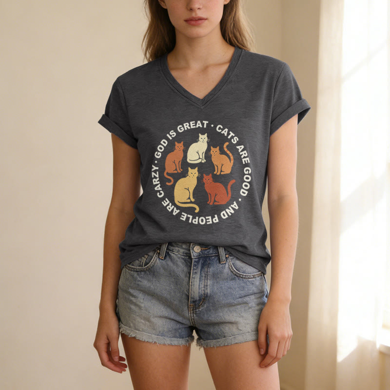 Christianartworkshop Funny Christian Cat Lover Circular Slogan Multi Shade Kitten Group Print Casual V-neck T-shirt - image 3