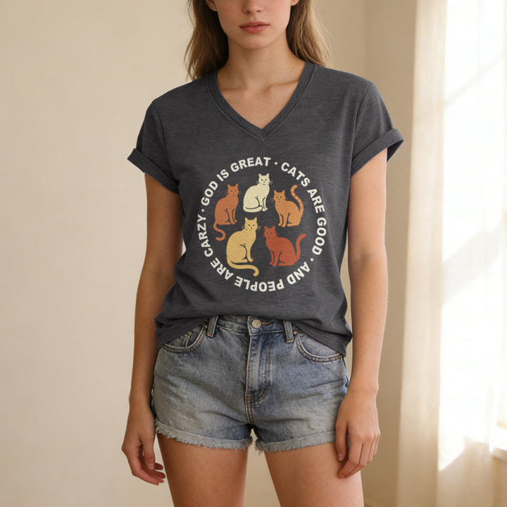 Christianartworkshop Funny Christian Cat Lover Circular Slogan Multi Shade Kitten Group Print Casual V-neck T-shirt - image 3