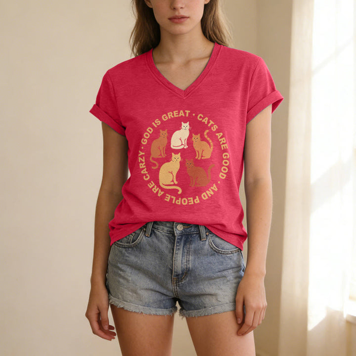 Christianartworkshop Funny Christian Cat Lover Circular Slogan Multi Shade Kitten Group Print Casual V-neck T-shirt - image 9