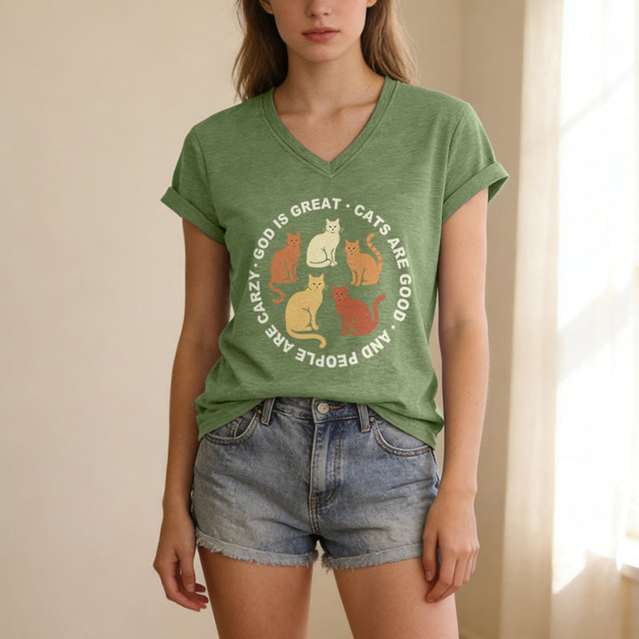 Christianartworkshop Funny Christian Cat Lover Circular Slogan Multi Shade Kitten Group Print Casual V-neck T-shirt - image 19