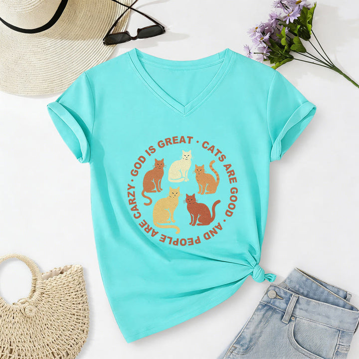 Christianartworkshop Funny Christian Cat Lover Circular Slogan Multi Shade Kitten Group Print Casual V-neck T-shirt - Sky Blue - 2XL - image 22
