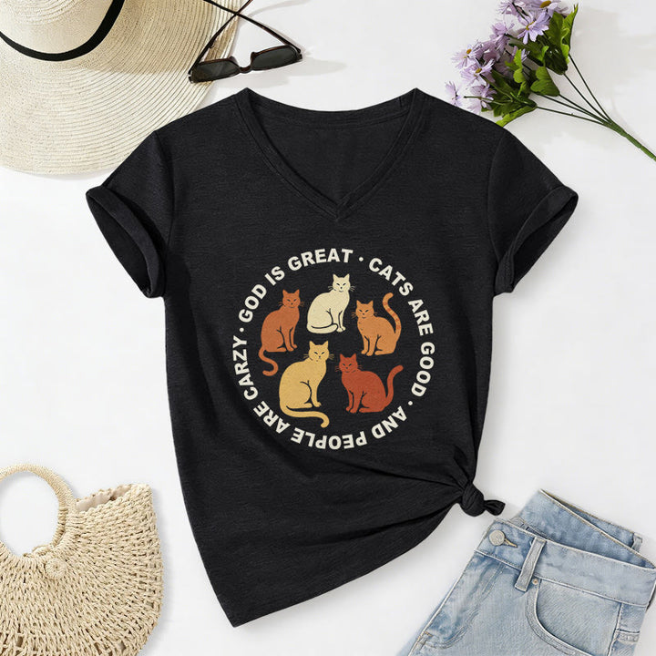 Christianartworkshop Funny Christian Cat Lover Circular Slogan Multi Shade Kitten Group Print Casual V-neck T-shirt - Black - 2XL - image 14