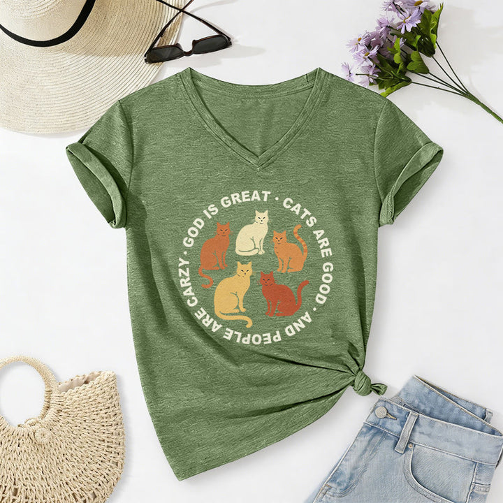 Christianartworkshop Funny Christian Cat Lover Circular Slogan Multi Shade Kitten Group Print Casual V-neck T-shirt - Olive Green - 2XL - image 18