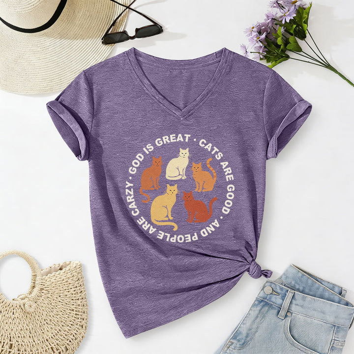 Christianartworkshop Funny Christian Cat Lover Circular Slogan Multi Shade Kitten Group Print Casual V-neck T-shirt - Purple - 2XL - image 0
