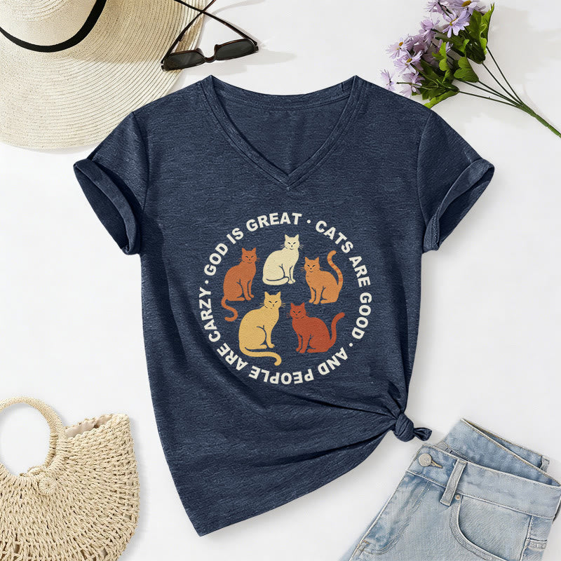 Christianartworkshop Funny Christian Cat Lover Circular Slogan Multi Shade Kitten Group Print Casual V-neck T-shirt - Navy Blue - 2XL - image 4