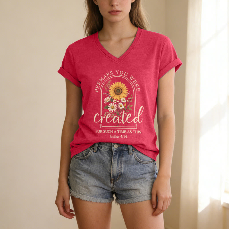 Christianartworkshop Vintage Arch Sunflower Daisy Bouquet Esther 4:14 Scripture Quote Casual V-neck T-shirt - image 1