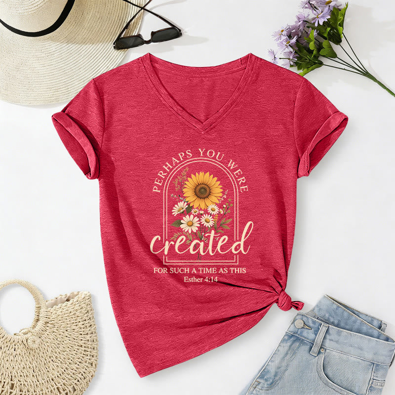 Christianartworkshop Vintage Arch Sunflower Daisy Bouquet Esther 4:14 Scripture Quote Casual V-neck T-shirt - Red - 2XL - image 0