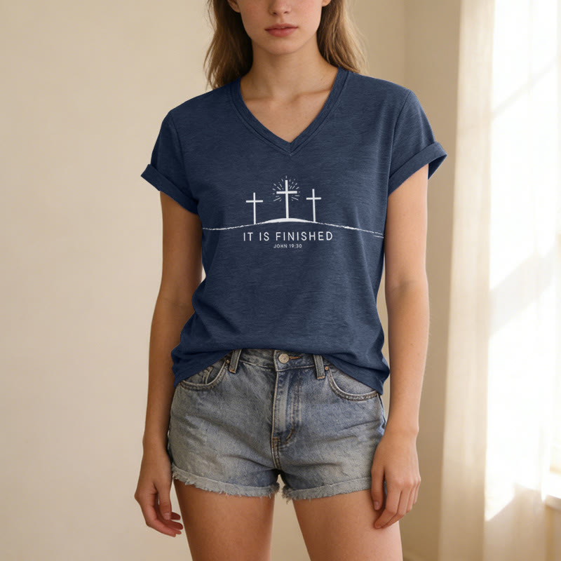 Christianartworkshop It Is Finished Three Calvary Crosses John 19:30 Minimal Line Graphic Casual V-neck T-shirt - image 9