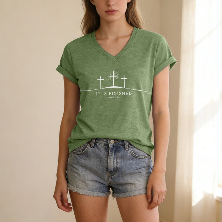 Christianartworkshop It Is Finished Three Calvary Crosses John 19:30 Minimal Line Graphic Casual V-neck T-shirt - image 19