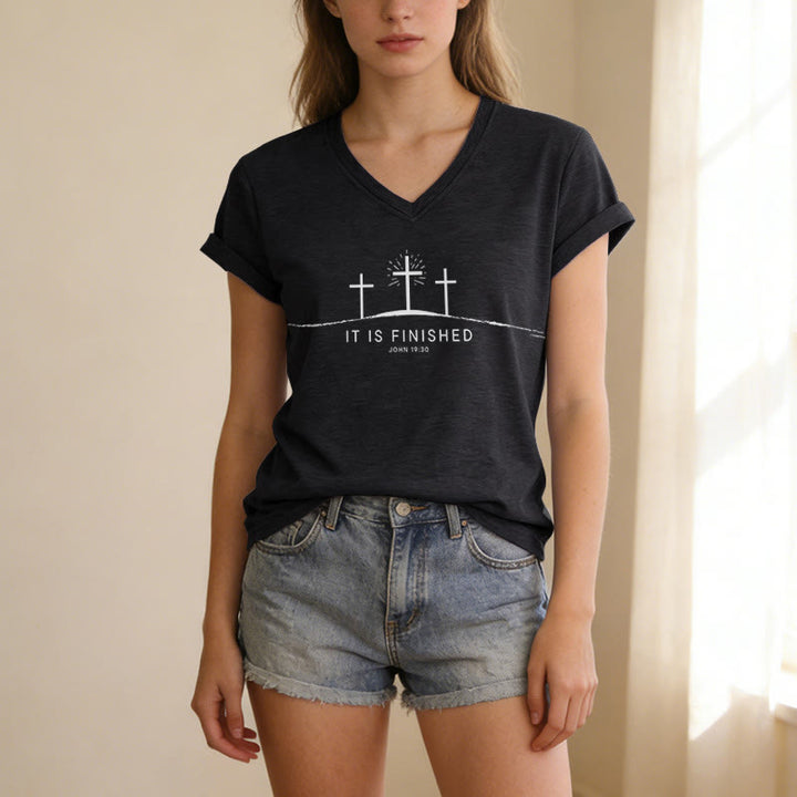 Christianartworkshop It Is Finished Three Calvary Crosses John 19:30 Minimal Line Graphic Casual V-neck T-shirt - image 15
