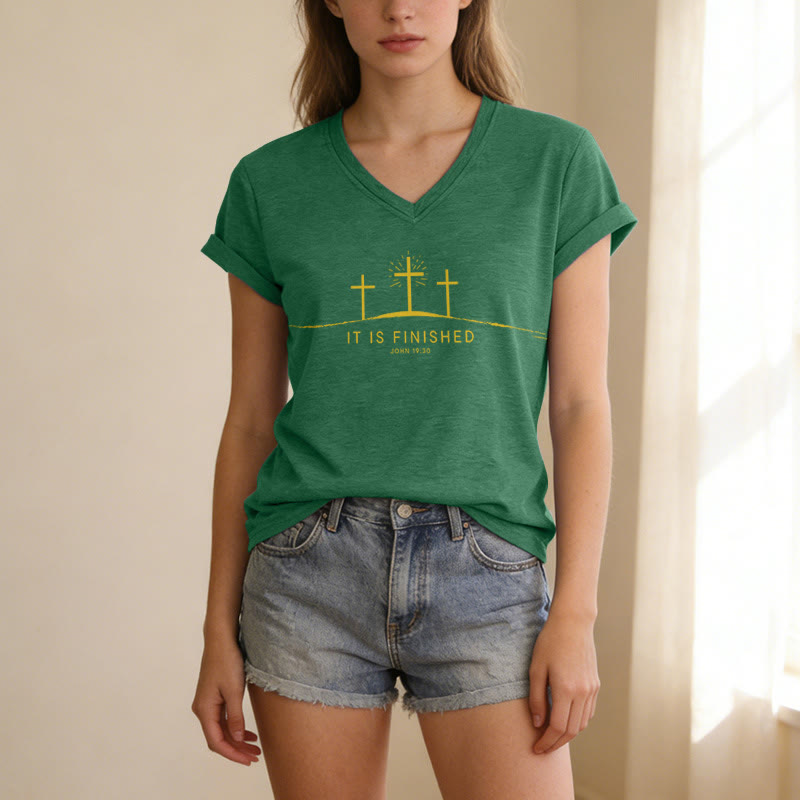 Christianartworkshop It Is Finished Three Calvary Crosses John 19:30 Minimal Line Graphic Casual V-neck T-shirt - image 25