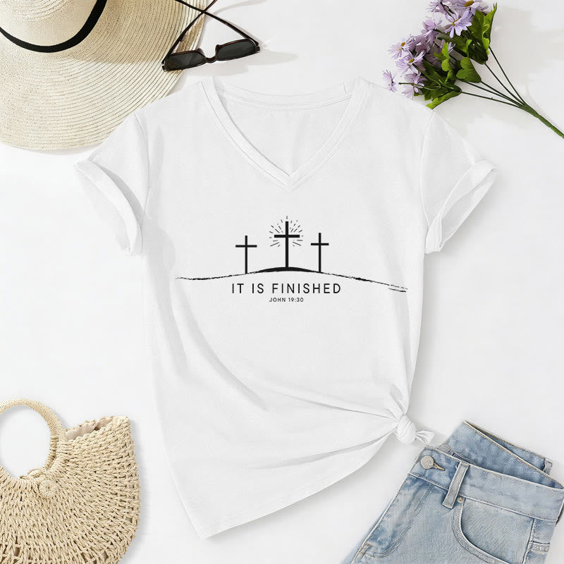 Christianartworkshop It Is Finished Three Calvary Crosses John 19:30 Minimal Line Graphic Casual V-neck T-shirt - White - 2XL - image 20