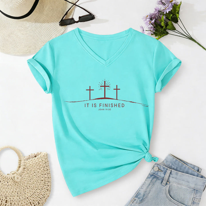 Christianartworkshop It Is Finished Three Calvary Crosses John 19:30 Minimal Line Graphic Casual V-neck T-shirt - Sky Blue - 2XL - image 22