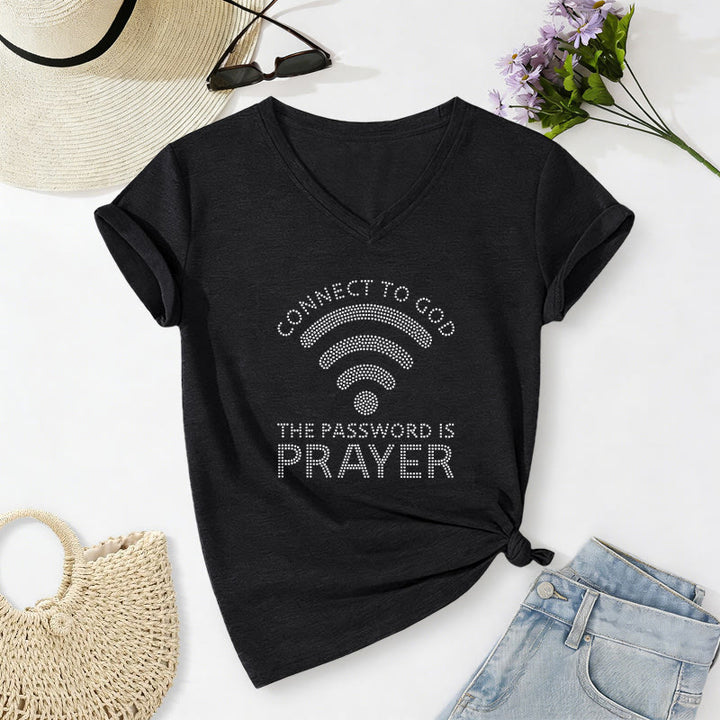 Christianartworkshop Connect To God Wifi Symbol The Password Is Prayer Faith Graphic Casual V-neck T-shirt - Black - 2XL - image 0