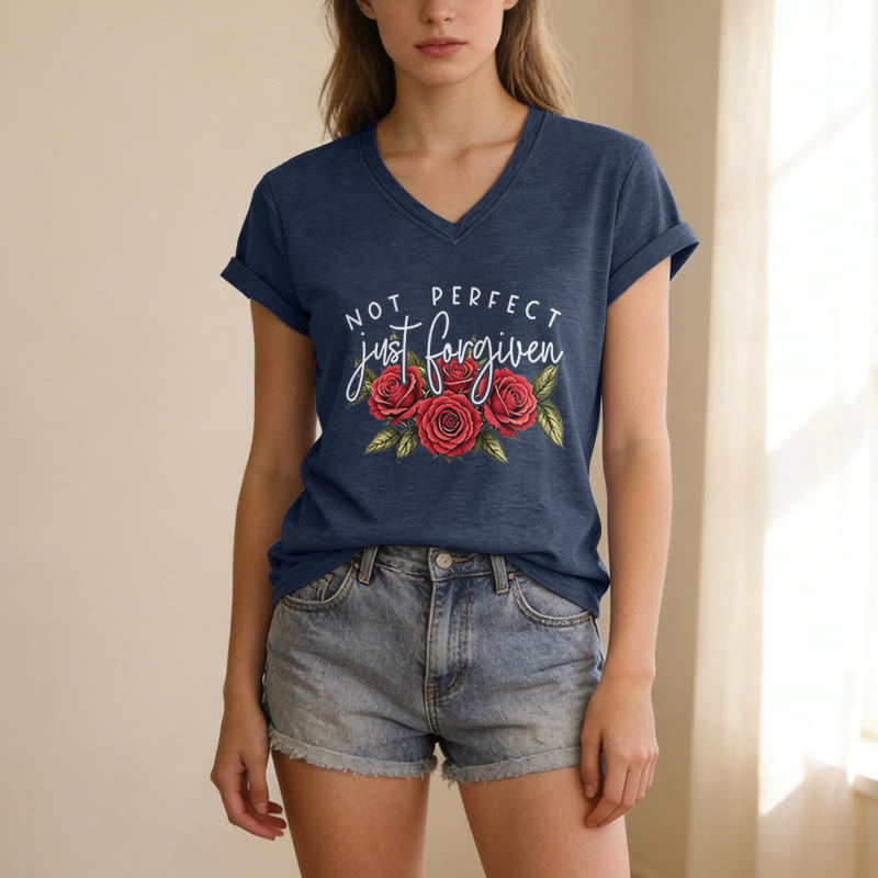 Christianartworkshop Not Perfect Just Forgiven Red Rose Bouquet Dual Font Floral Faith Graphic Casual V-neck T-shirt - image 11