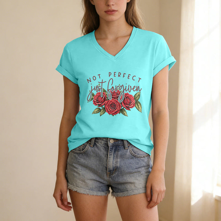 Christianartworkshop Not Perfect Just Forgiven Red Rose Bouquet Dual Font Floral Faith Graphic Casual V-neck T-shirt - image 23