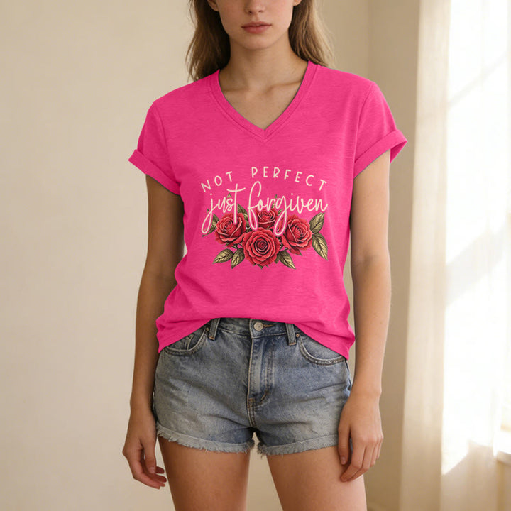 Christianartworkshop Not Perfect Just Forgiven Red Rose Bouquet Dual Font Floral Faith Graphic Casual V-neck T-shirt - image 13