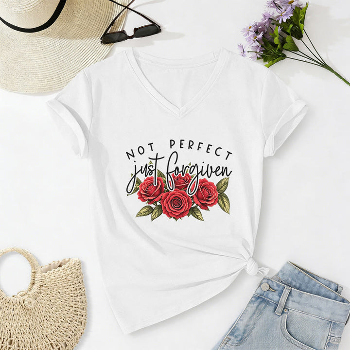 Christianartworkshop Not Perfect Just Forgiven Red Rose Bouquet Dual Font Floral Faith Graphic Casual V-neck T-shirt - White - 2XL - image 20
