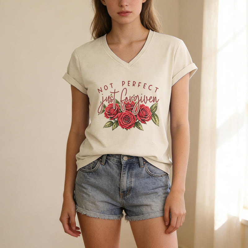 Christianartworkshop Not Perfect Just Forgiven Red Rose Bouquet Dual Font Floral Faith Graphic Casual V-neck T-shirt - image 1