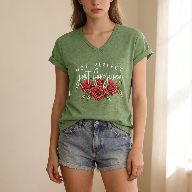Christianartworkshop Not Perfect Just Forgiven Red Rose Bouquet Dual Font Floral Faith Graphic Casual V-neck T-shirt - image 19