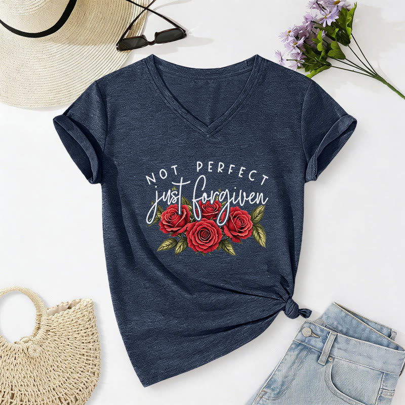 Christianartworkshop Not Perfect Just Forgiven Red Rose Bouquet Dual Font Floral Faith Graphic Casual V-neck T-shirt - Navy Blue - 2XL - image 10