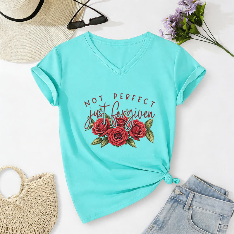 Christianartworkshop Not Perfect Just Forgiven Red Rose Bouquet Dual Font Floral Faith Graphic Casual V-neck T-shirt - Sky Blue - 2XL - image 22