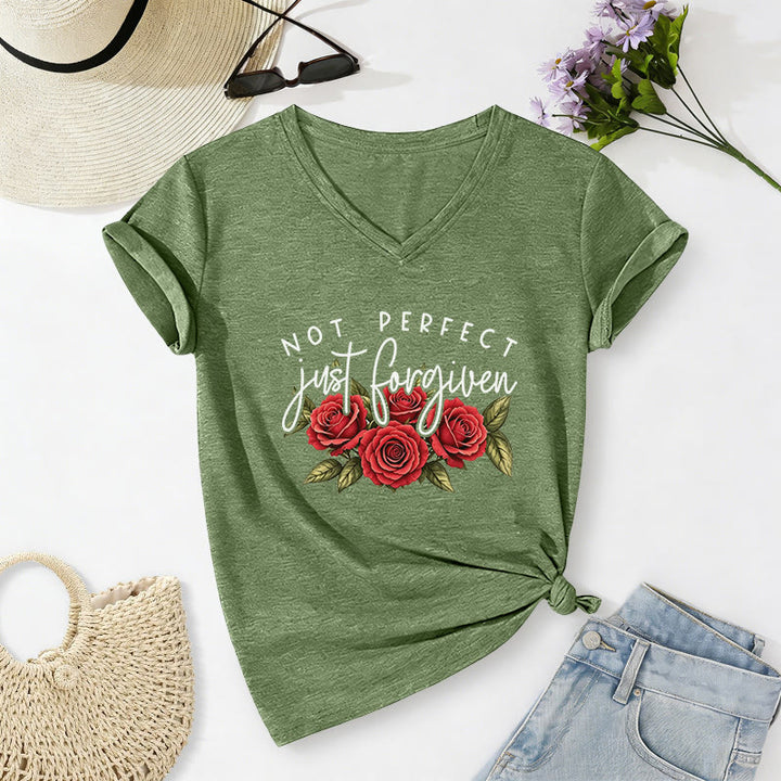Christianartworkshop Not Perfect Just Forgiven Red Rose Bouquet Dual Font Floral Faith Graphic Casual V-neck T-shirt - Olive Green - 2XL - image 18