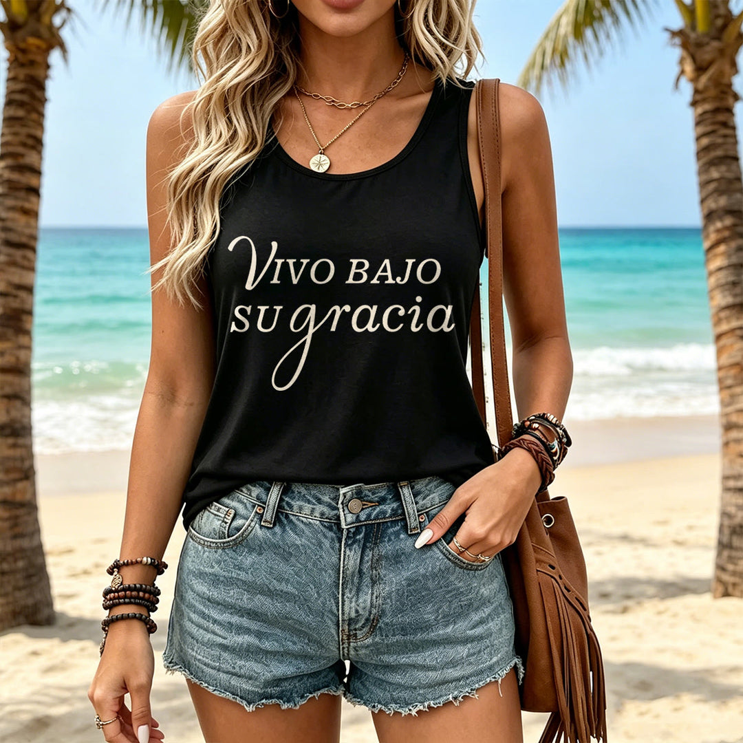 Christianartworkshop Simple Spanish Religious Grace Cursive Lettering Racerback Tank Top - image 4