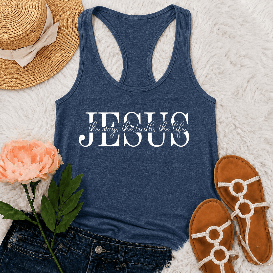 Christianartworkshop Jesus The Way The Truth The Life Mixed Serif & Cursive Faith Text Racerback Tank Top - Navy Blue - 2XL - image 12