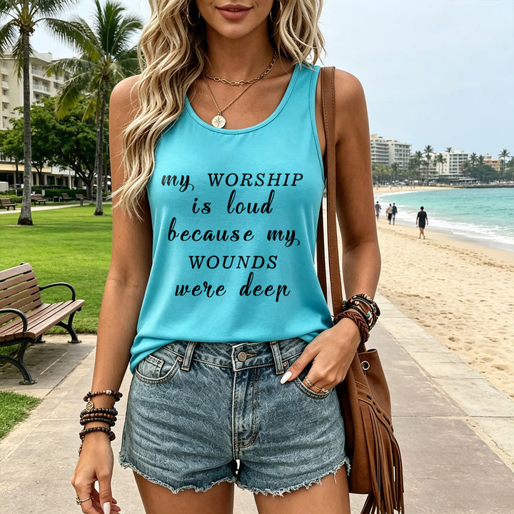 Christianartworkshop My Worship Is Loud Because My Wounds Were Deep Mixed Font Inspirational Text Racerback Tank Top - image 25