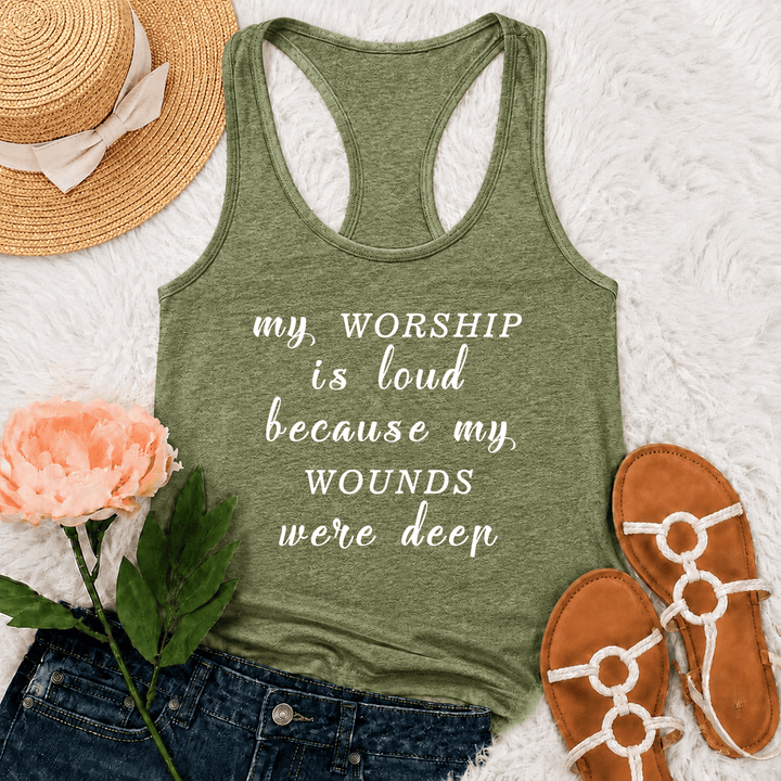 Christianartworkshop My Worship Is Loud Because My Wounds Were Deep Mixed Font Inspirational Text Racerback Tank Top - Olive Green - 2XL - image 21