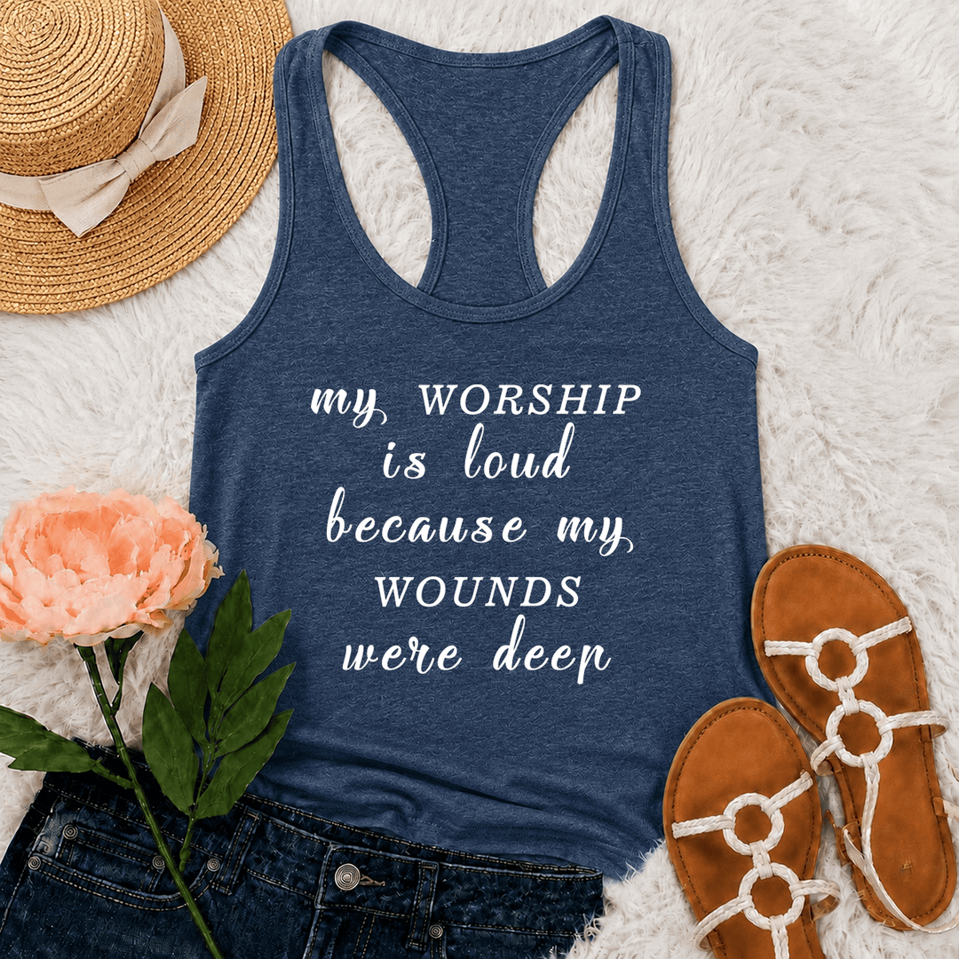 Christianartworkshop My Worship Is Loud Because My Wounds Were Deep Mixed Font Inspirational Text Racerback Tank Top - Navy Blue - 2XL - image 18