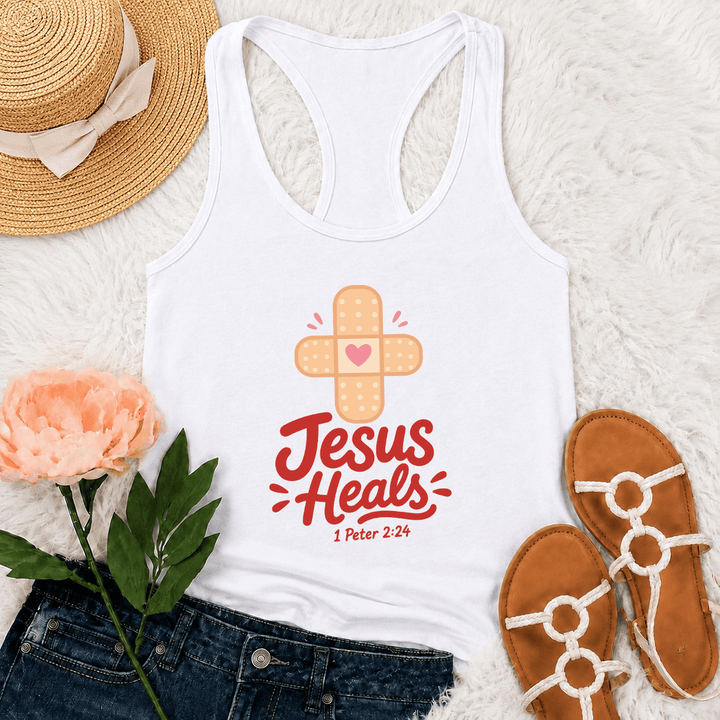 Christianartworkshop Jesus Heals Cross Band-Aid Heart Cartoon Graphic 1 Peter 2:24 Racerback Tank Top - White - 2XL - image 6