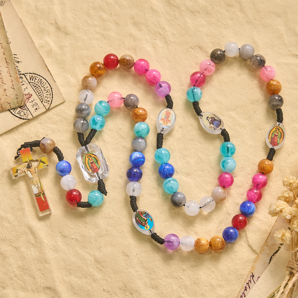 Christianartworkshop Multicolor Swirl Resin Bead Knotted Cord Rosary With Our Lady & INRI Crucifix Pendant - Our Lady&Crucifix - image 0