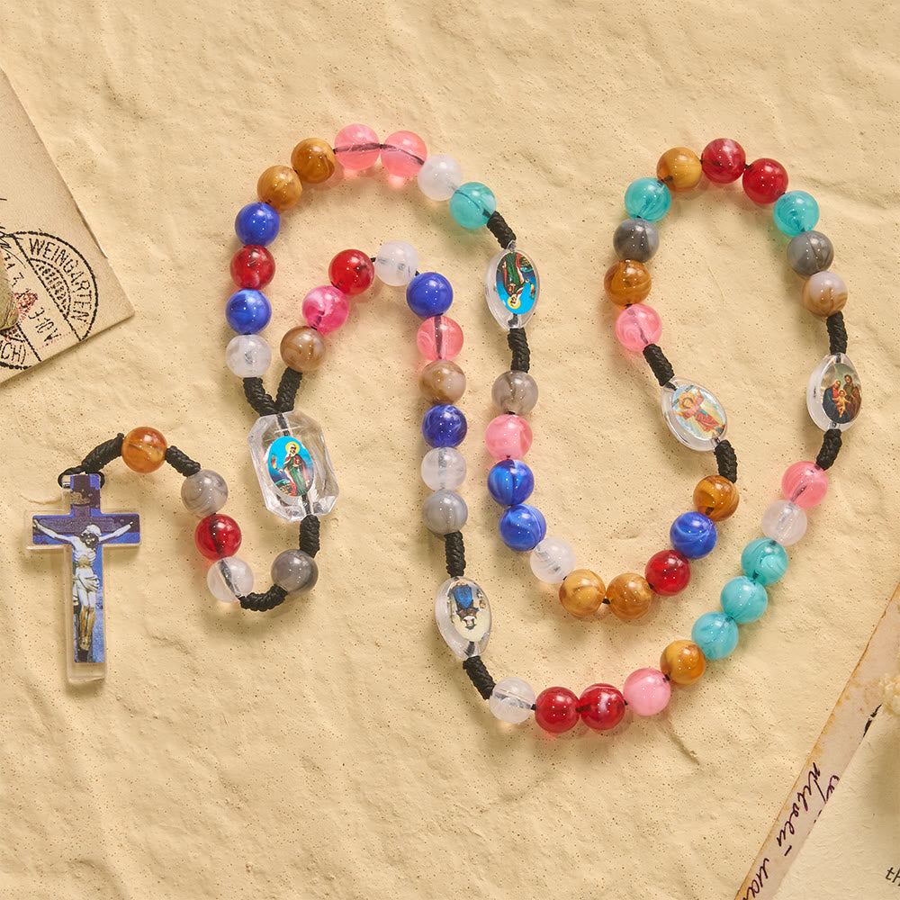 Christianartworkshop Multicolor Swirl Resin Bead Knotted Cord Rosary With Our Lady & INRI Crucifix Pendant - image 1